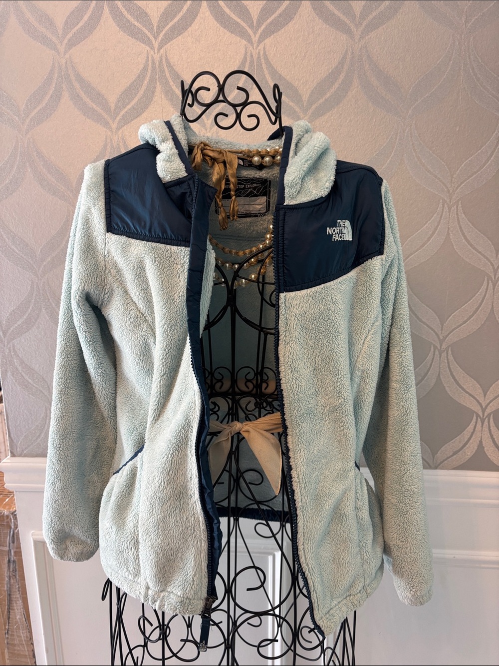 The North Face Girls Light Blue Fleece Jacket with Navy Accents